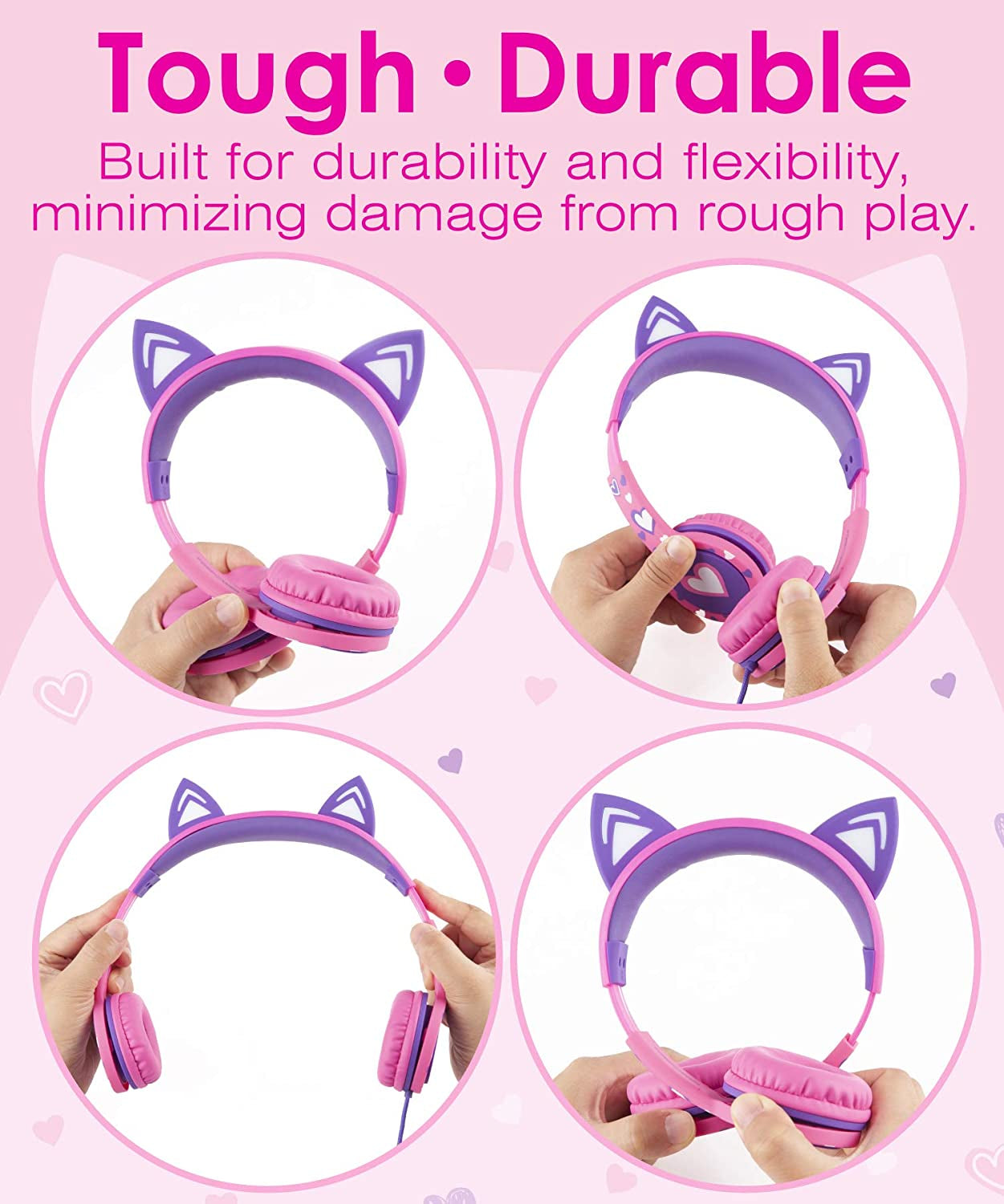 Kids Headphones with LED Cat Ears (85Db Safe Volume Limit), 3.5Mm Soft On-Ear Wired Headphones with Tangle-Free Laced Cables for Ipad/Tablet/School/Travel - Hot Pink/Purple