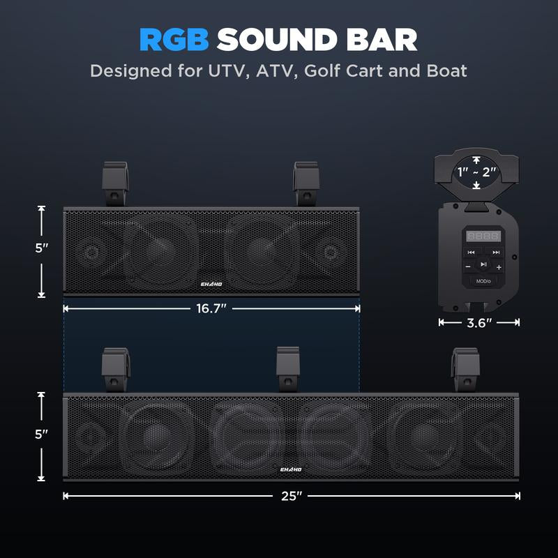 Ehaho 25 Inch UTV Sound Bar, ATV Soundbar Bluetooth with RGB Lighting, IP66 Waterproof Golf Cart Sound Bar, Amplified Powersports SXS Soundbar, UTV Speakers Compatible with Polaris RZR Can-Am