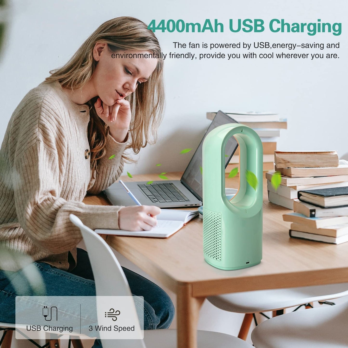 Bladeless Desk Fan, 11.8 Inch Portable Small Fan Quiet Table Fan Rechargeable..