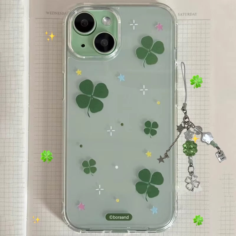 Korean Ins Cute Green Four Leaf Clover Cartoon Luck Phone Case for 17 AIR 16 15 14 13 12 11 Pro XR Max 7 8 plus Y2K Cover