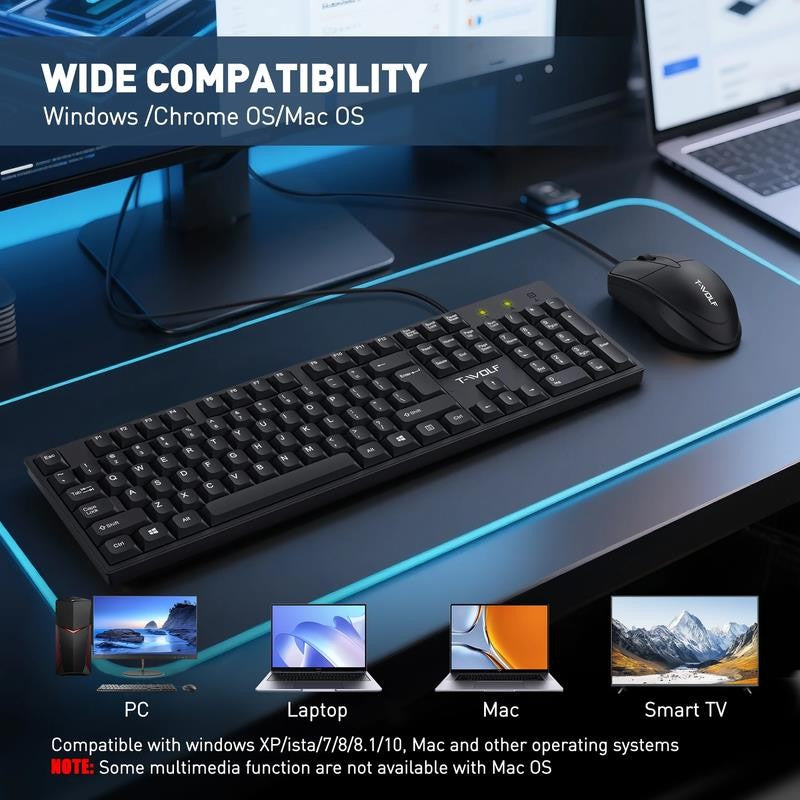 Wired USB Keyboard & Mouse Combo with 12 Shortcut Keys, Full-Size Ergonomic Sile