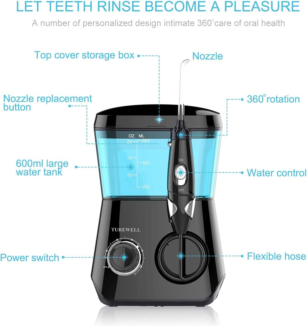 Water Flossing Oral Irrigator, 600ML Dental Teeth Cleaner 10 Adjustable Pressure, Electric Oral Flosser for Braces, 8 Replacement Jet Tips for Family (Black)