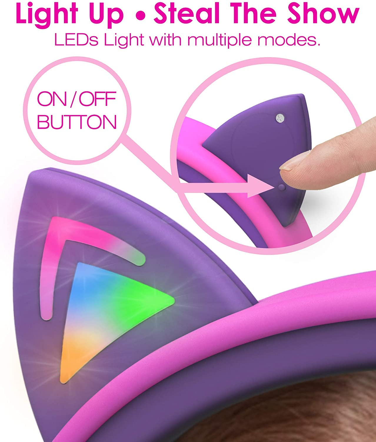 Kids Headphones with LED Cat Ears (85Db Safe Volume Limit), 3.5Mm Soft On-Ear Wired Headphones with Tangle-Free Laced Cables for Ipad/Tablet/School/Travel - Hot Pink/Purple
