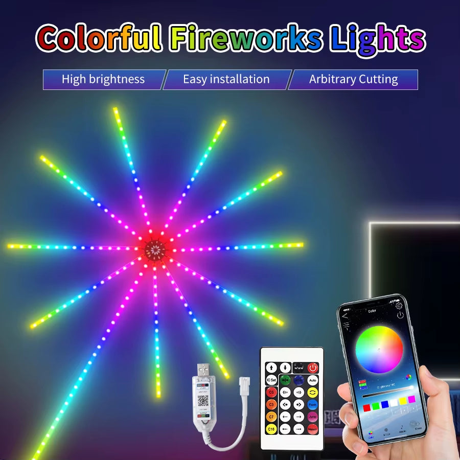 Fireworks LED String Lights USB 5V RGBIC Strip Lights for Festival Wedding Christmas Party Decor Music Sync Dream Meteor Lamp