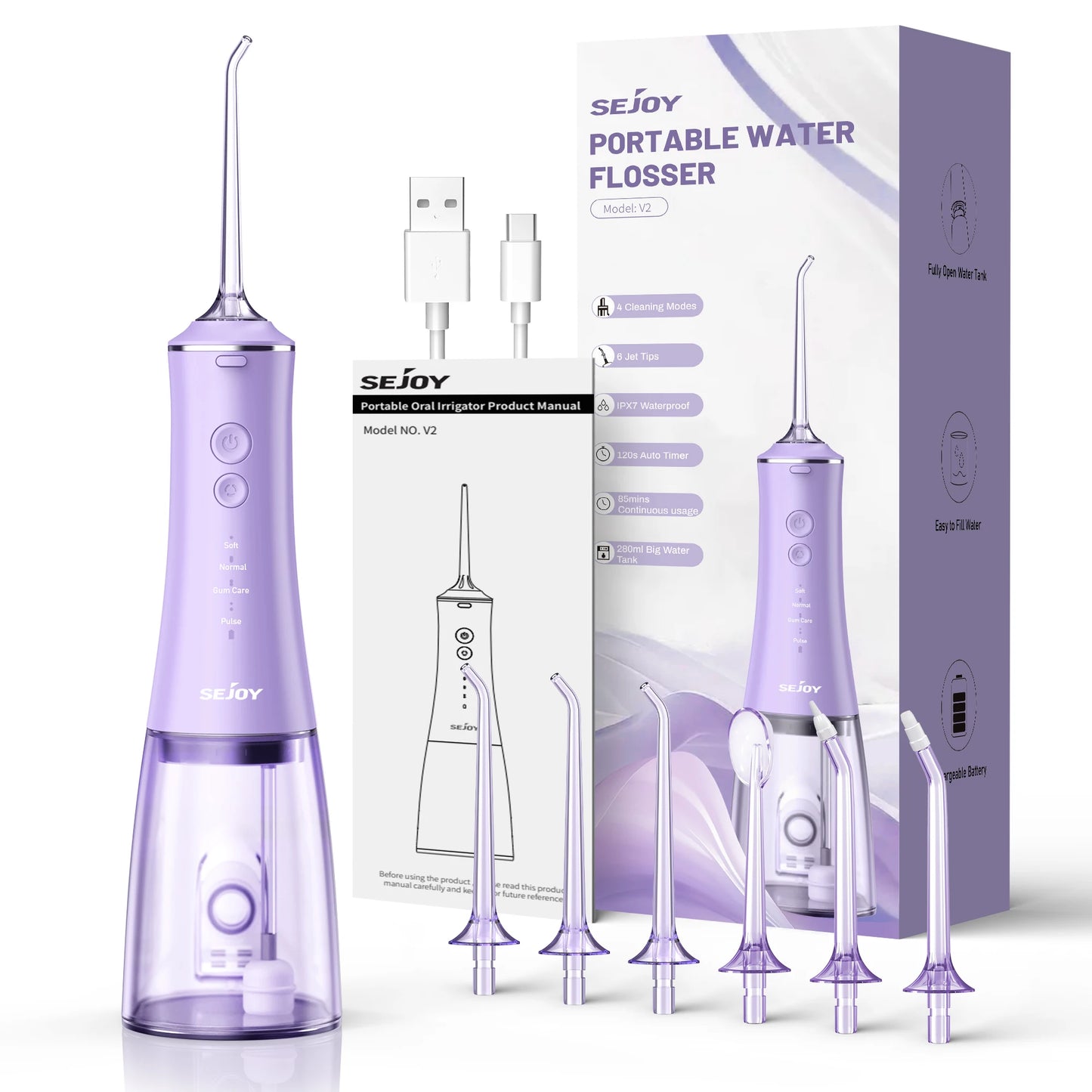 Oral Irrigator USB Rechargeable Water Flosser Portable Dental Water Jet 280ML Water Tank Waterproof Teeth Cleaner for Oral