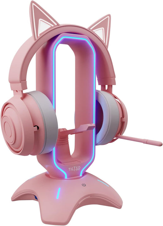 Cute Headphone Stand Pink | Headset Stand with RGB, Mouse Bungee Holder, and 2 Port USB Hub Charger - Desk Gaming Accessories