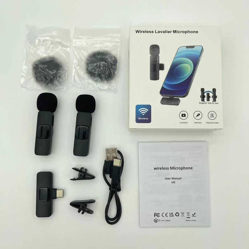Wireless Lavalier Microphone, Rechargeable Microphone, Cordless Omnidirectional Condenser Recording Mic for Video Recording, Teaching, Interviews
