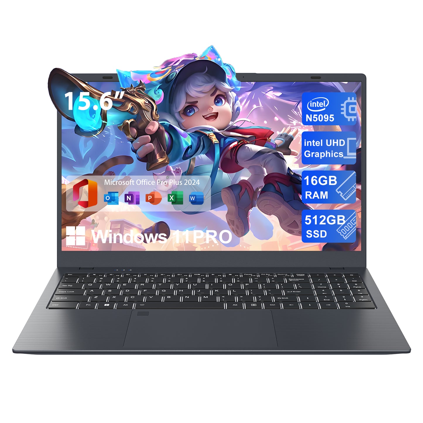 15.6" Windows 11 Pro Laptop, Intel Celeron N5095 up to 2.9Ghz 16GB RAM 512GB SSD, with Office 2024 Fingerprint Backlit Keyboard 1920*1080 IPS FHD Display for Student, Home Office, Business