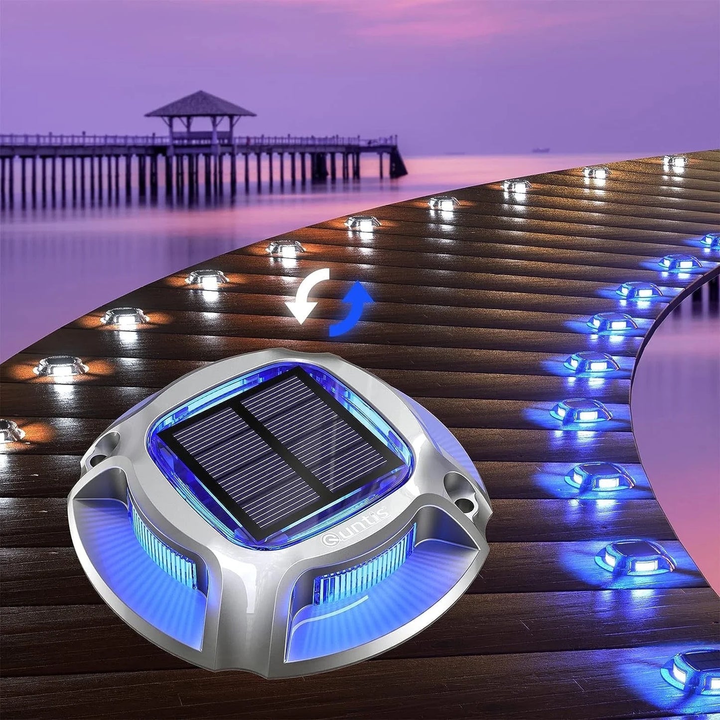 4 Pack Solar Deck Lights Outdoor, Blue+White Solar Powered Driveway Lights, IP68 Waterproof Solar Dock Lights Warning Step Lights, Sidewalk Marker Lights for Path Stair Dock Garage
