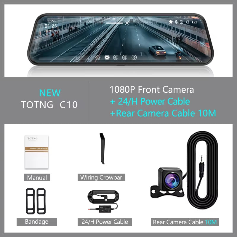 10-Inch for Car Touch Screen Video Recorder Rearview Mirror Dash Cam Front and Rear Camera Mirror DVR (Rear Camera Optional)