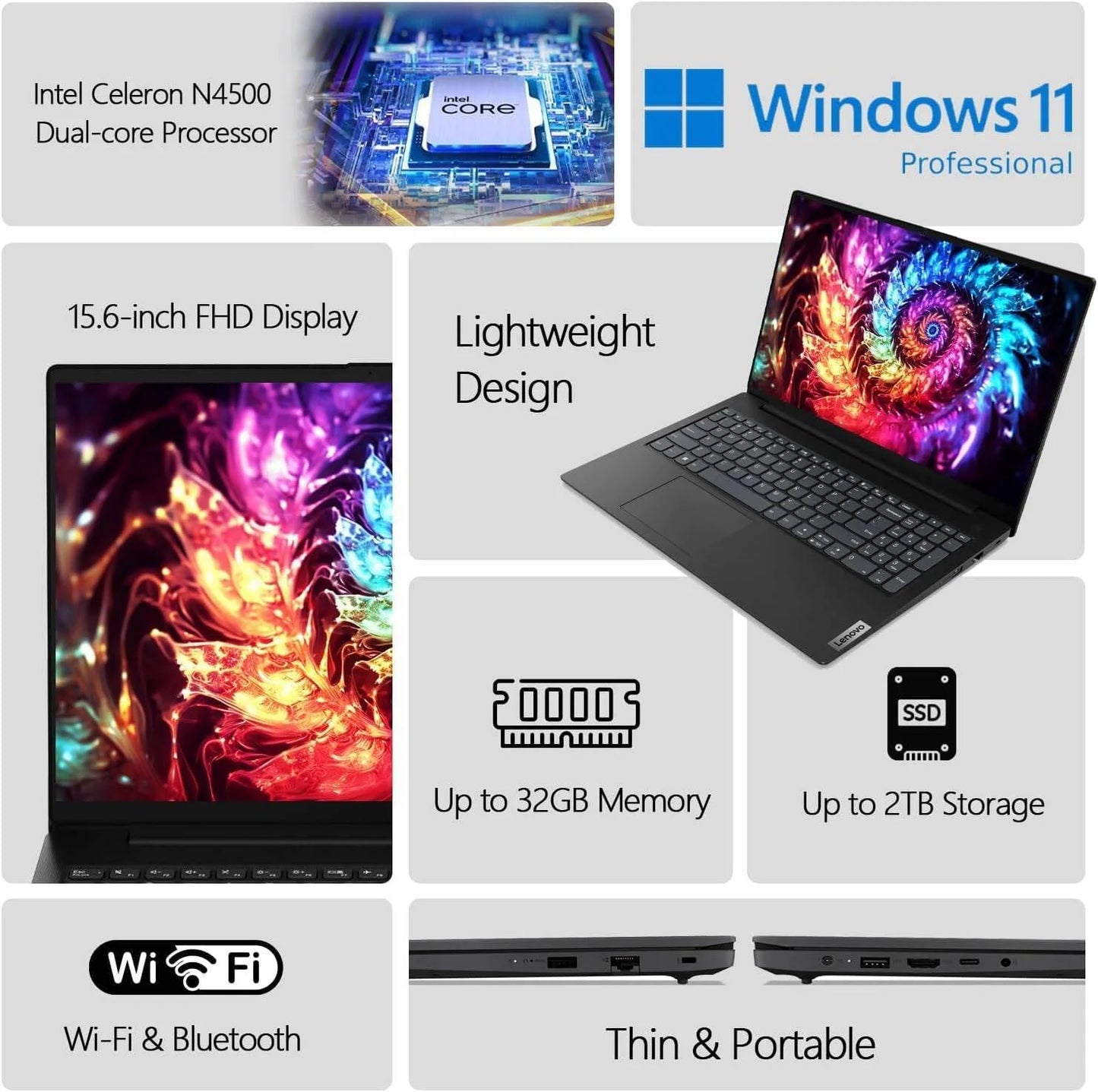 15.6 FHD Business Laptop Computer Intel Dual-Core Processor 16GB DDR4 RAM 512GB Pcie SSD Wifi 6 Bluetooth 5.2 Windows 11 Pro