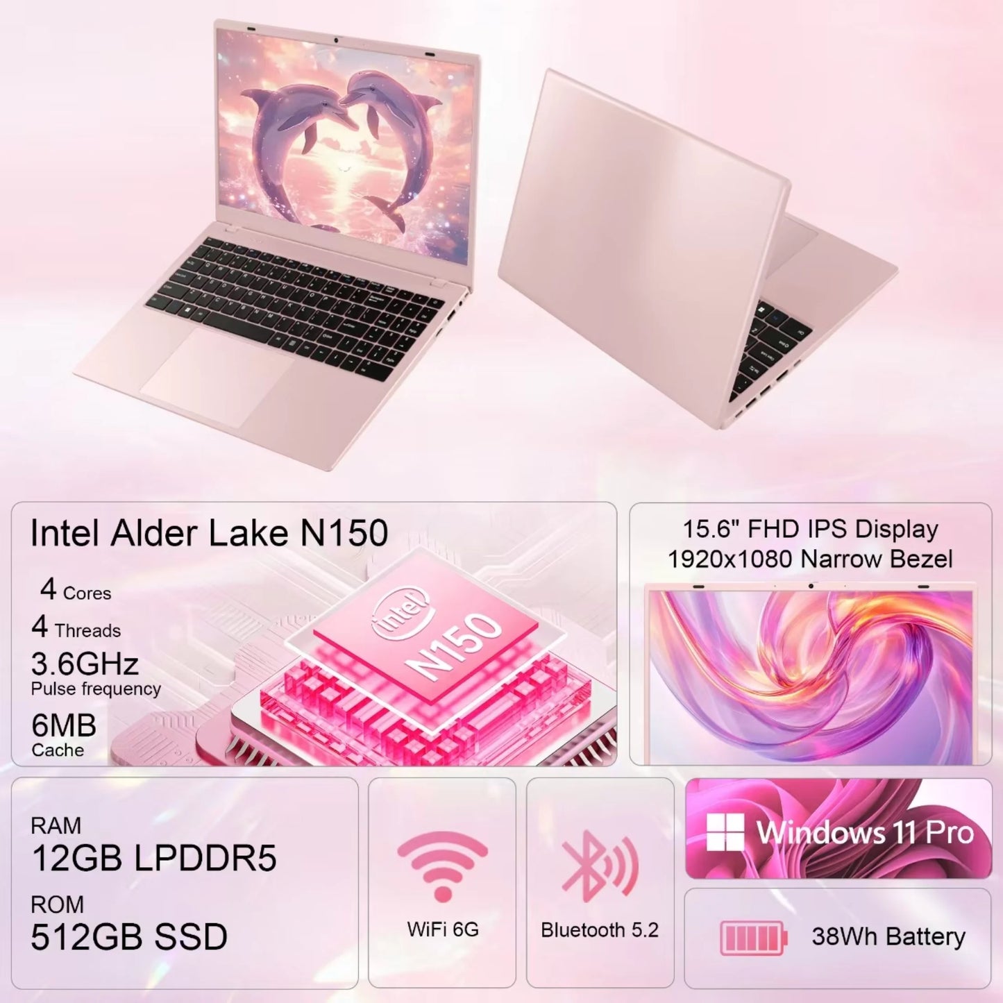 15.6" Laptop Computer, 12GB RAM 512GB SSD, FHD Display with Intel N150 (Up to 3.6Ghz), Windows 11 Pro Laptop, Fingerprint, Backlit KB, Pink