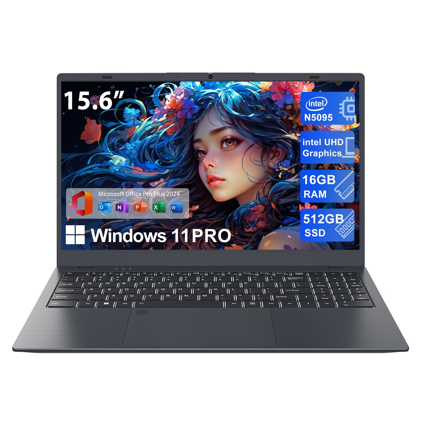 15.6" Windows 11 Pro Laptop, 16GB RAM 1TB SSD, Intel Celeron N5095 2.9Ghz with Office 2024 Fingerprint Backlit Keyboard 1920*1080 IPS FHD Display for Student, Home Office, Business