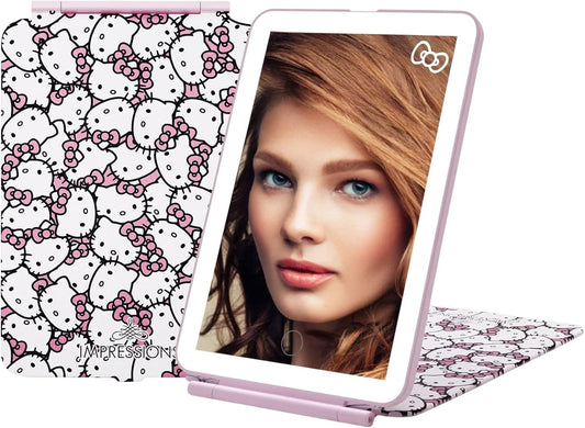 Impressions Vanity Hello Kitty Touch Pad Mini Tri-Tone Makeup Mirror with Printed Flip Cover and LED Strip, Travel Vanity Mirror with Touch Sensor Switch and USB Extension (White/Pink)