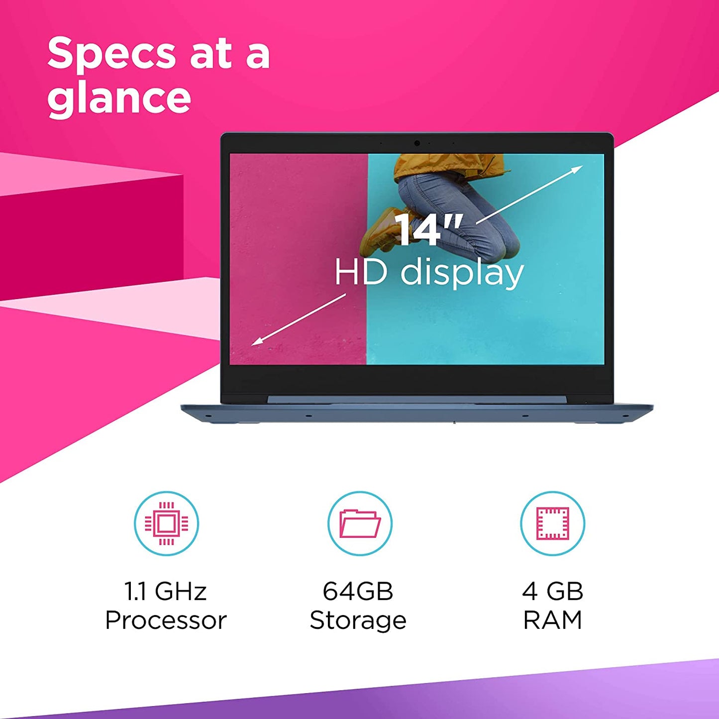Ideapad 1 Laptop, 14.0" HD Display, Intel Celeron N4020, 4GB RAM, 64GB Storage, Intel UHD Graphics 600, Windows 11 in S Mode, Ice Blue
