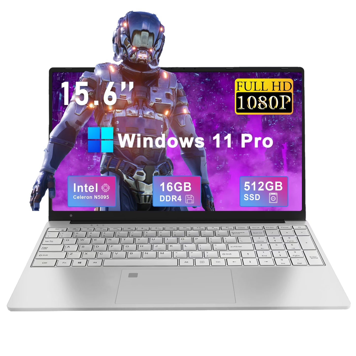 15.6 Inch 1080P FHD Laptop Computer 16GB RAM 512GB SSD with 4 Core Intel Celeron N5095, Fingerprint, Backlit Keyboard, Windows 11 Pro