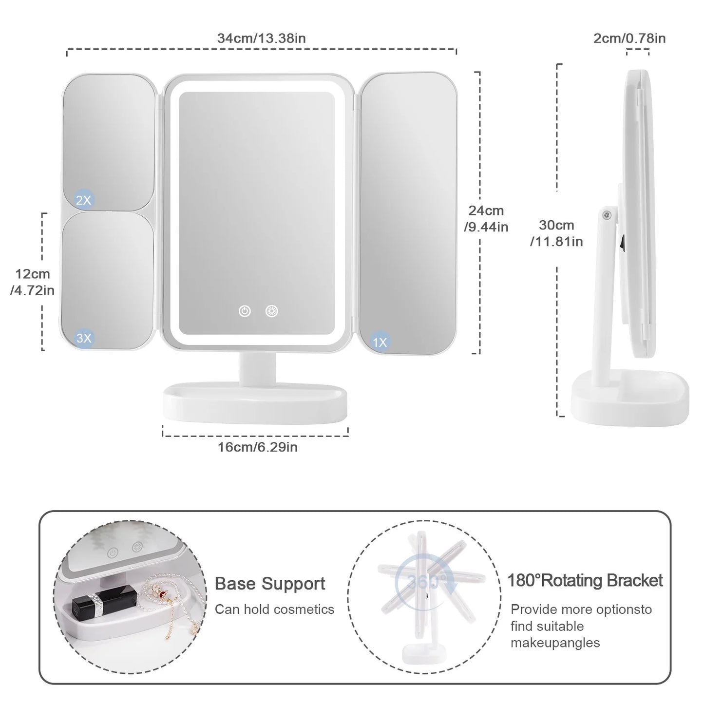 Tri-Fold Travel Vanity Makeup Mirror with 80 LED Lights and 3X/2X/1X Magnification Cosmetic Mirror White