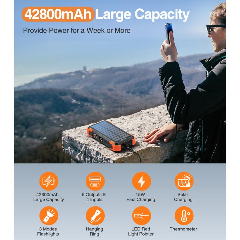 42800mAh Solar Power Bank: Wireless, 4 Cables, 7 Outputs, Fast Charging