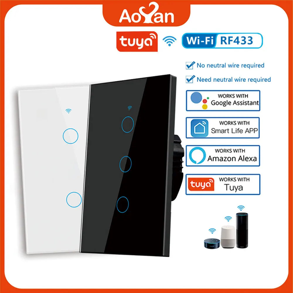 Tuya US Wifi Smart Wall Switch RF433 1/2/3/4 Gang No Neutral Wire Touch Sensor LED Light Switches Smart Home Alexa Google Home
