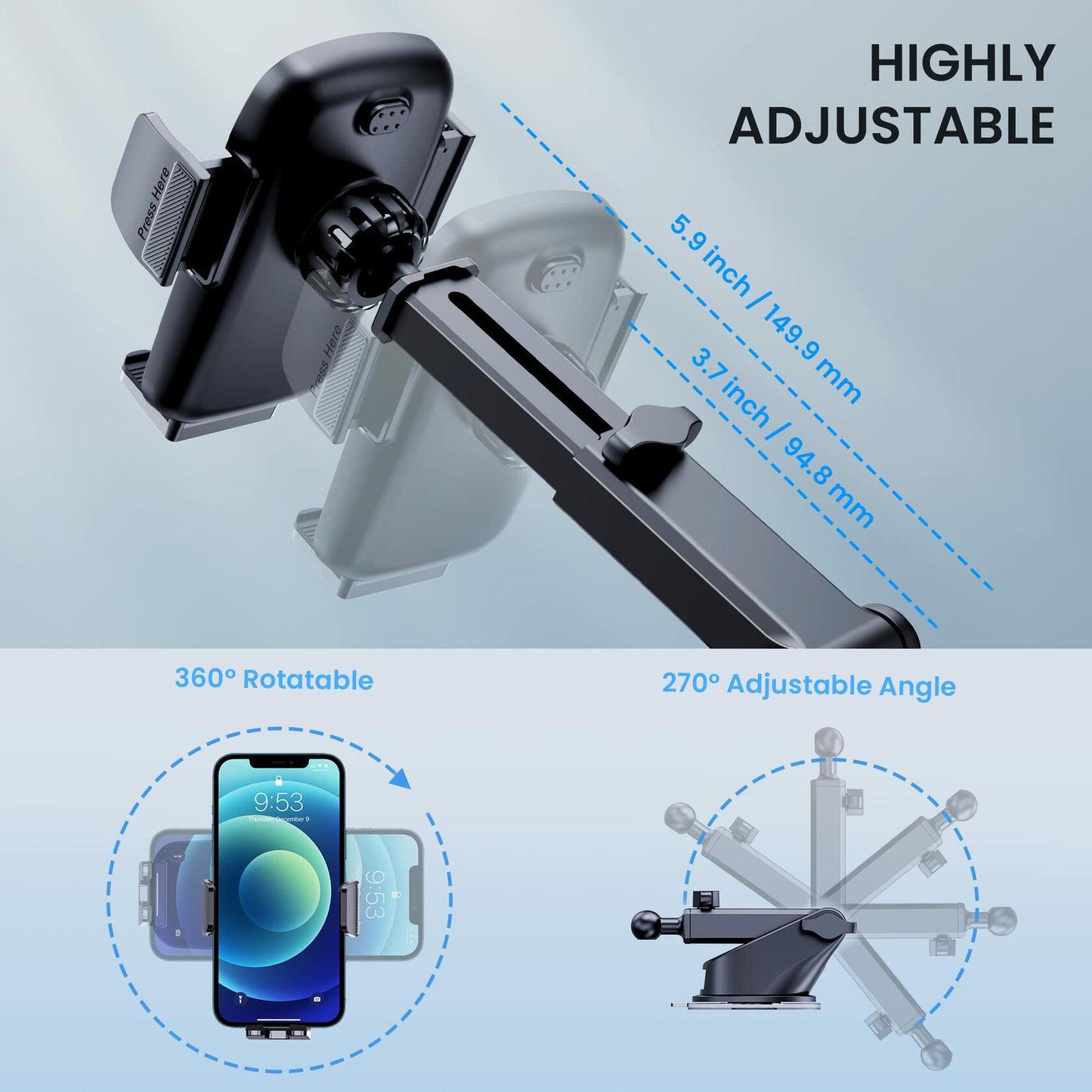 CINDRO Military-Grade Universal Car Phone Holder Mount - Suction Design