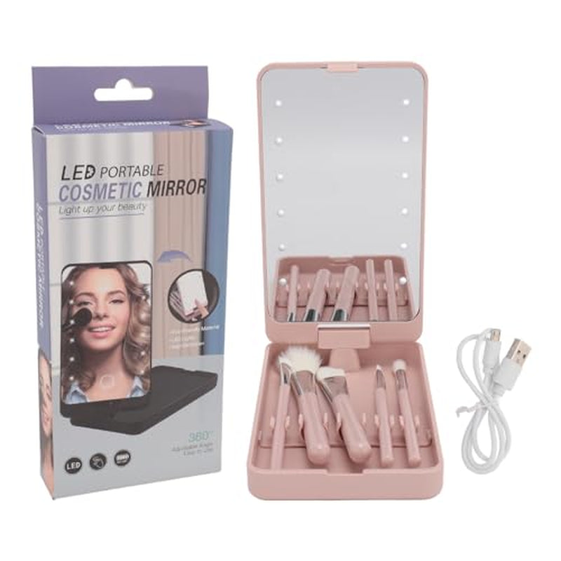 LED Makeup Mirror with Rotating and Folding Brush Set, High Clarity Cosmetic Brushes Kit with Built in Storage Compartment, Multifunctional, Suitable for Home and Travel