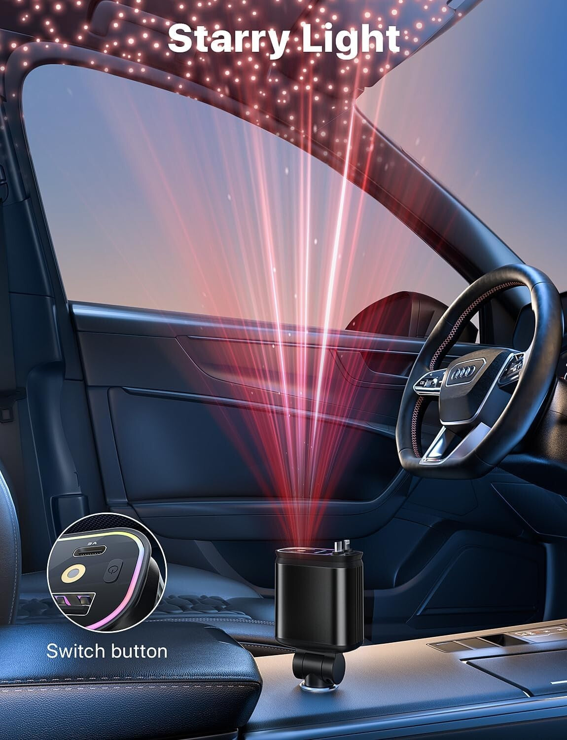Star Lights Retractable Car Charger with Retractable Cables, Deep Black