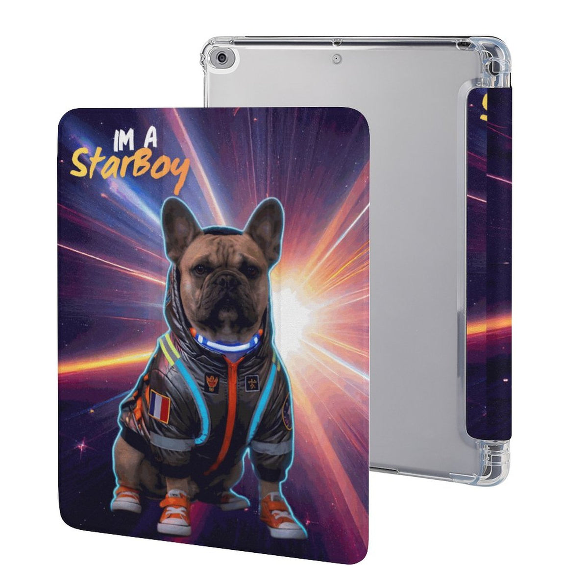 A protective iPad COMPATIBLE TABLET case with a custom printed back cover featuring a French Bulldog in a space-themed astronaut suit with the text 'I'M A StarBoy'. The image shows both the decorated front view and the clear side profile of the case.