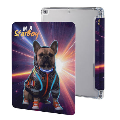 A protective iPad COMPATIBLE TABLET case with a custom printed back cover featuring a French Bulldog in a space-themed astronaut suit with the text 'I'M A StarBoy'. The image shows both the decorated front view and the clear side profile of the case.