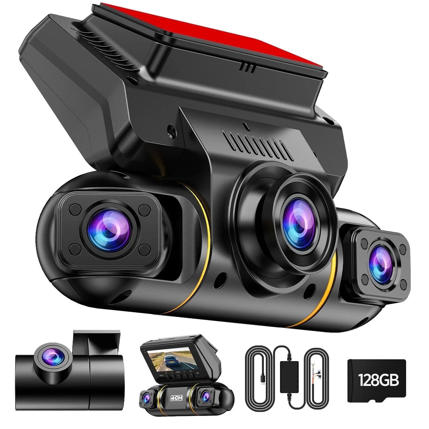 4 Channel Dash Cam Front and Rear inside with Hardwire Kit for 24H Security Parking Monitor, 1080P FHD 360 Degree View 5G Wifi Dash Camera, IR Night Vision Dashcam, G-Sensor, Free 128GB Card