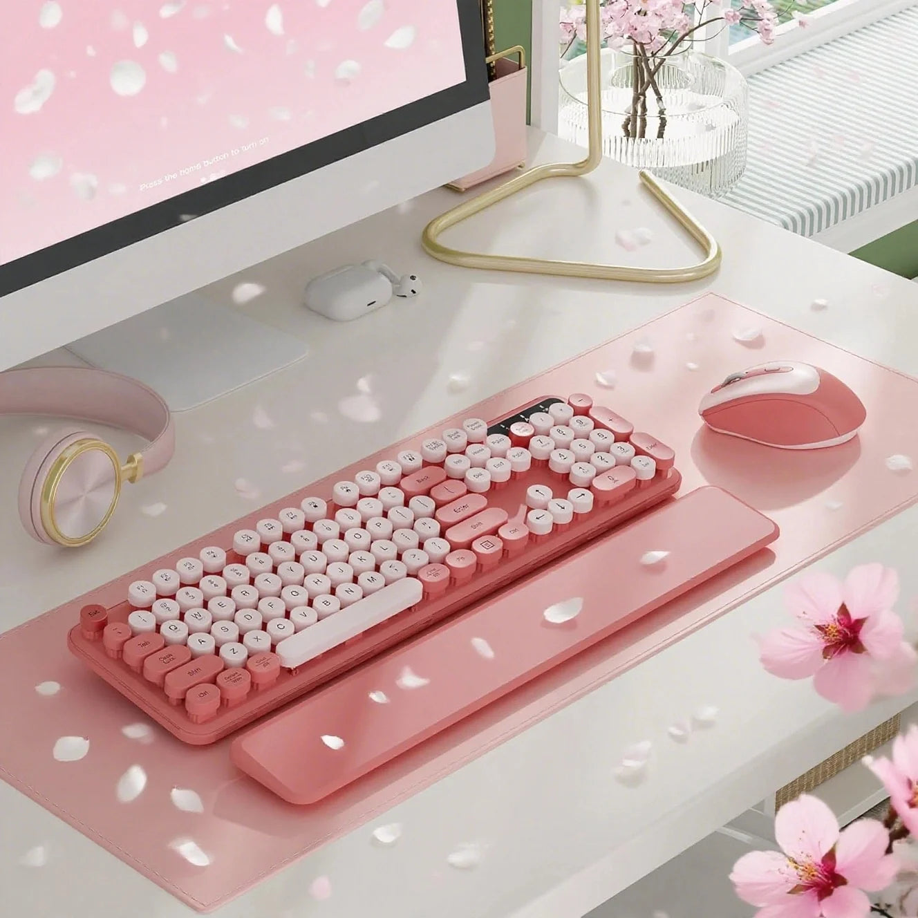 Wireless Keyboard Mouse Combo - Retro Typewriter Design, Detachable Wrist Rest, 2.4G Wireless for Women, Pc/Laptop/Windows - Blush Pink