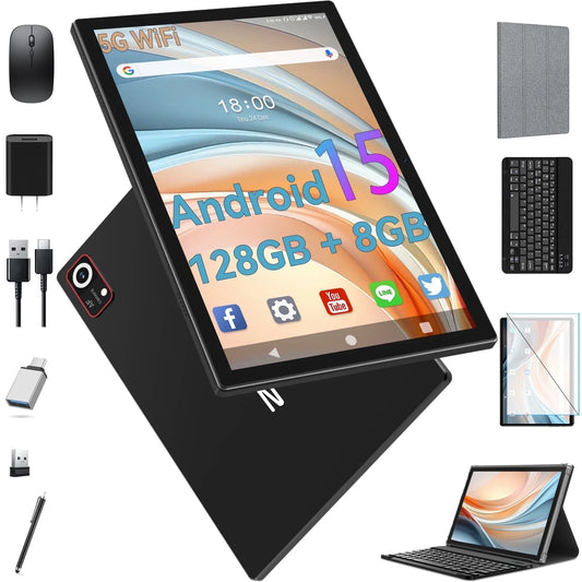 Android 15 Tablet,10 Inch Android Tablet,128Gb+8Gb+1Tb Expand,5G Wifi,Octa-Core,Unisoc T606 Cpu,7000Mah,Bluetooth 5.0,GPS,13MP+8MP Dual Camera,Face Unclock,Hd Display,Touchscreen,Tablet with Keyboard