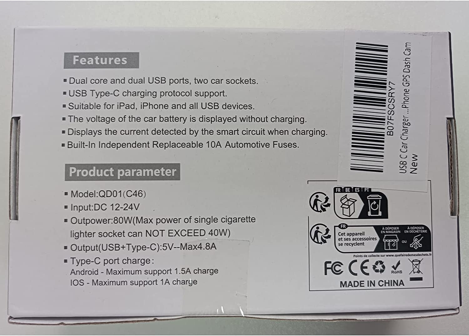 Cargador De Carro Adaptador 2 Socket 2.4A 2 Usb Coche Para Phone Tablet
