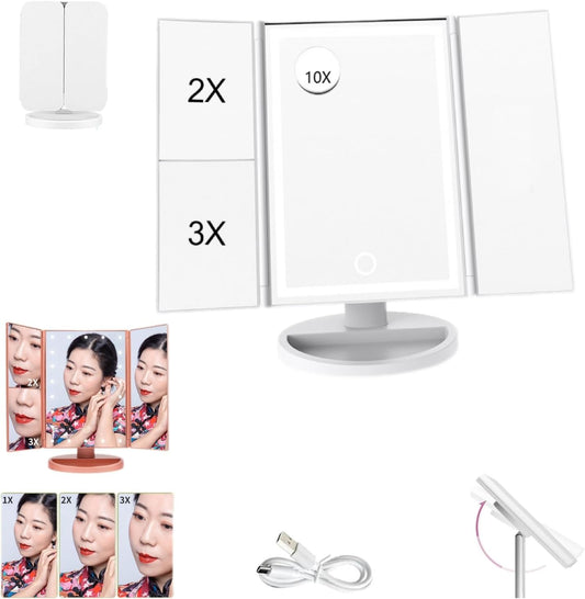 Vanity Mirror with Lights，Makeup Mirror with Lights，Makeup Case with Lighted Mirror，2X 3X 10X Magnification，Rechargeable Lighted Makeup Vanity Mirror，Touch Screen，With Type-C Charging(White)