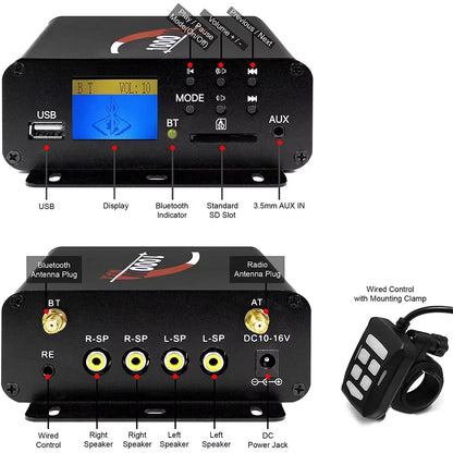 1000W 4CH Multimedia Amplifier Motorcycle Audio System Bluetooth Boat Stereo with 5 Inches Strong Speakers, FM Radio, AUX, USB