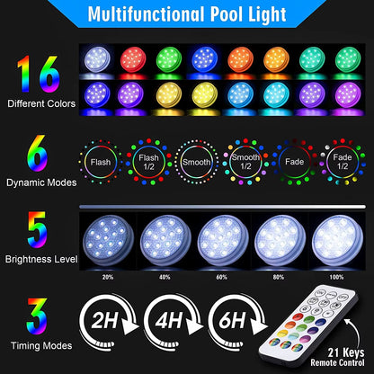 Rechargeable Underwater Submersible Pool Lights with Remote IP68 Waterproof Color Changing Led Floating Lights for Hot Tub Bath