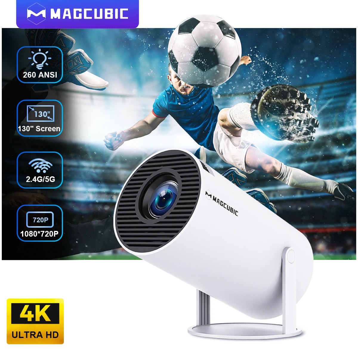 4K Portable Projector: Android 11, Dual WiFi, 260ANSI, 180° Flexible