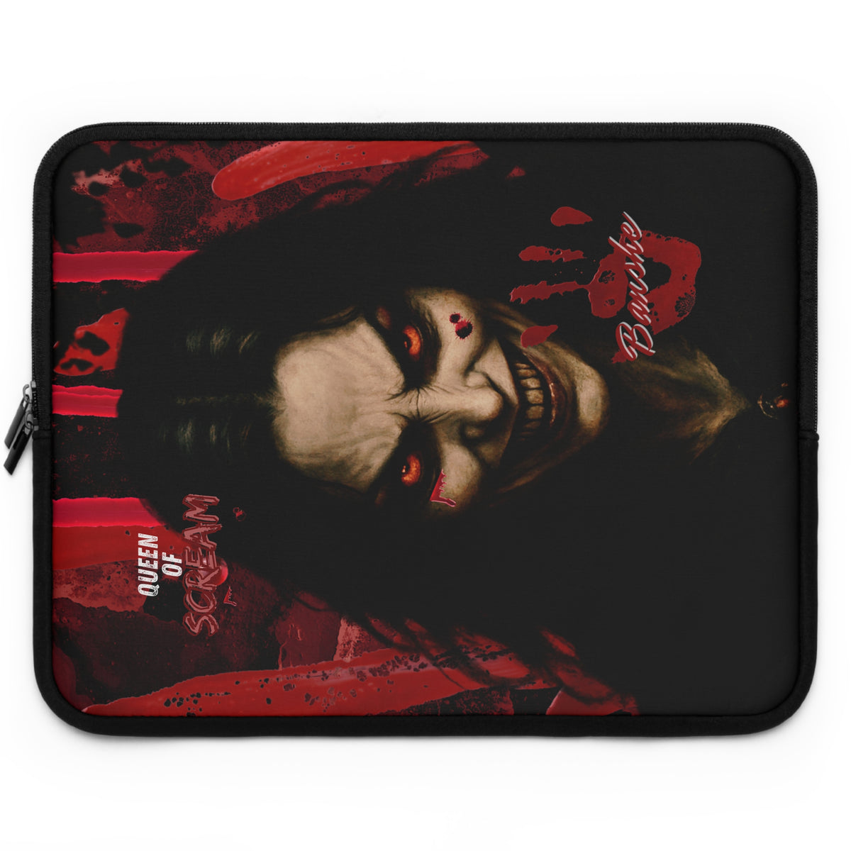 A black laptop sleeve featuring a graphic print of the Queen of Screams character with red blood splatters and text reading 'Queen of Screams' and 'Puncture'.