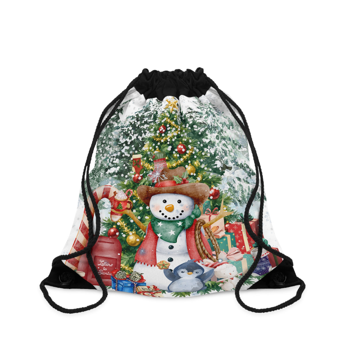 A drawstring backpack with a festive Christmas print featuring a snowman, decorated tree, gifts, and a penguin, with black drawstring cords, shown on a plain white background.