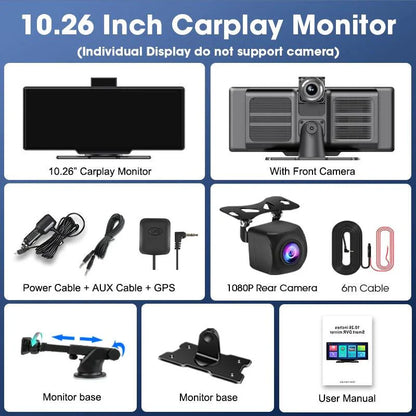 4K Dash Cam Mirror - 10.26" Display with Wireless Carplay/Android Auto GPS
