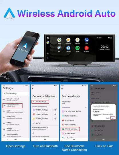 4K Dash Cam Mirror - 10.26" Display with Wireless Carplay/Android Auto GPS