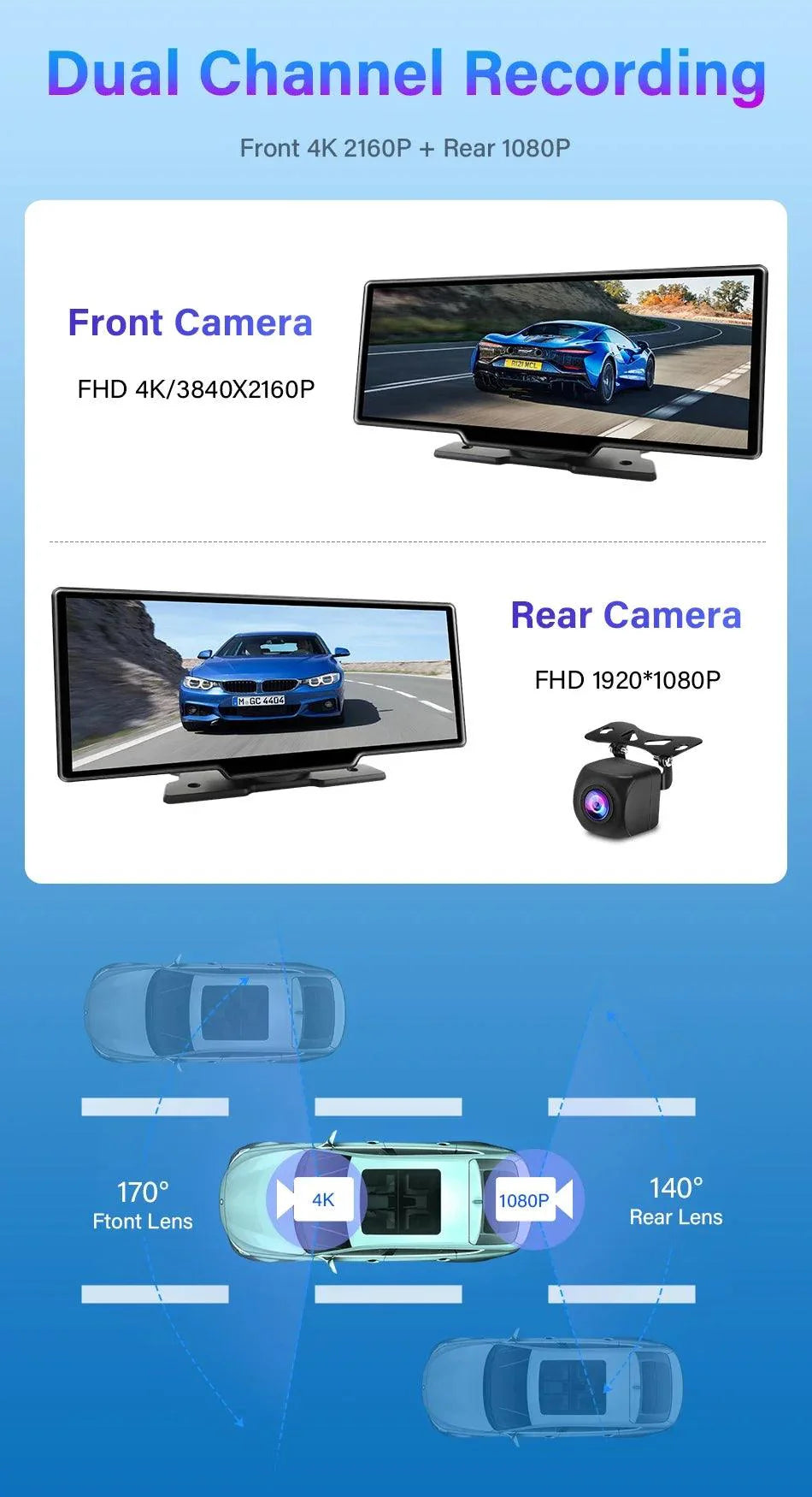 4K Dash Cam Mirror - 10.26" Display with Wireless Carplay/Android Auto GPS