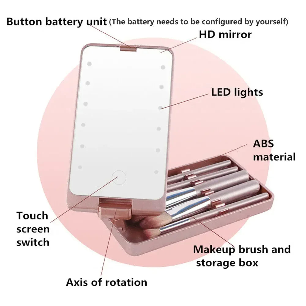 LED Cosmetic Mirror Box – Touch Light & Brush Storage for Travel