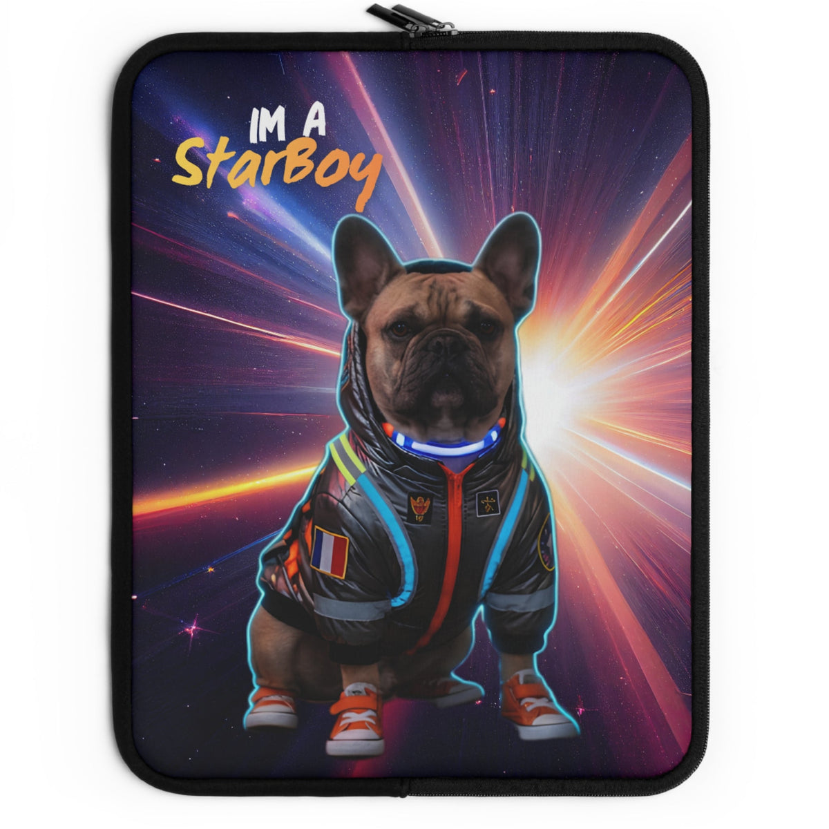 A laptop sleeve featuring a colorful graphic print of a French Bulldog wearing a glowing astronaut suit against a cosmic starburst background, with the text 'I'm A Starboy' on the left.