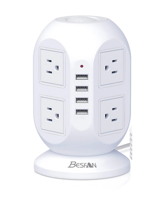1050J Surge Protector Power Tower - 12-Device Charging with 10ft Extension Cord