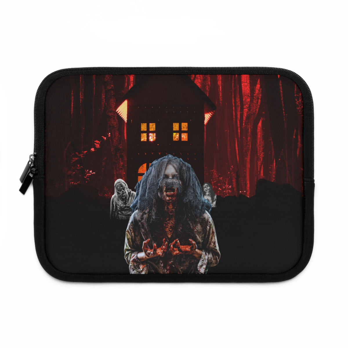 A black zippered laptop sleeve featuring a horror-themed graphic print of a creepy woman in a dark forest with a haunted house in the background.