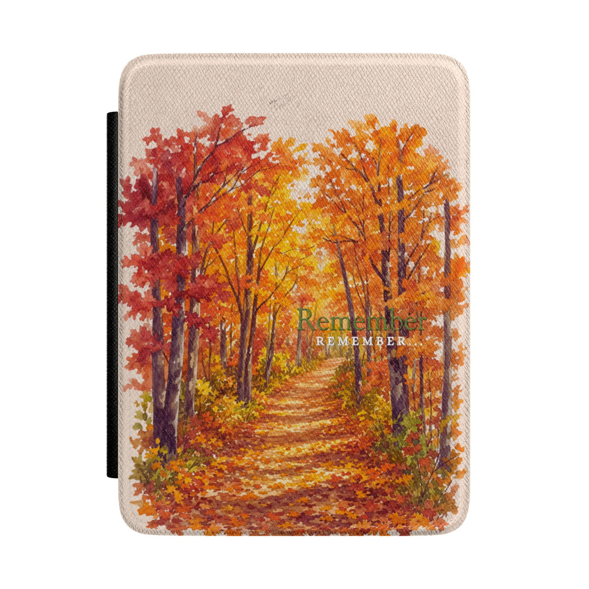 A tablet case featuring a printed autumn forest scene with a path through orange and red trees, shown on a plain white background.