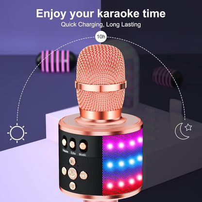 Karaoke Microphone for Kids & Adults - Bluetooth Microphones Singing Mic with Disco Lights, Echo Effect, Built-In Speaker Portable Karaoke Player for Party Travel Gifts Q78(Rose Gold)