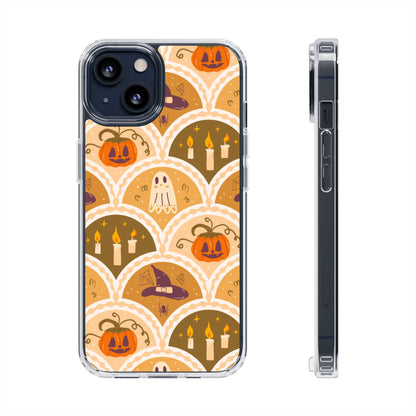 A clear PHONE case with a Halloween-themed scallop pattern, shown from the back and side on a white background. The pattern features orange jack-o'-lanterns, white ghosts, purple witch hats, and yellow candles on a tan and cream background.