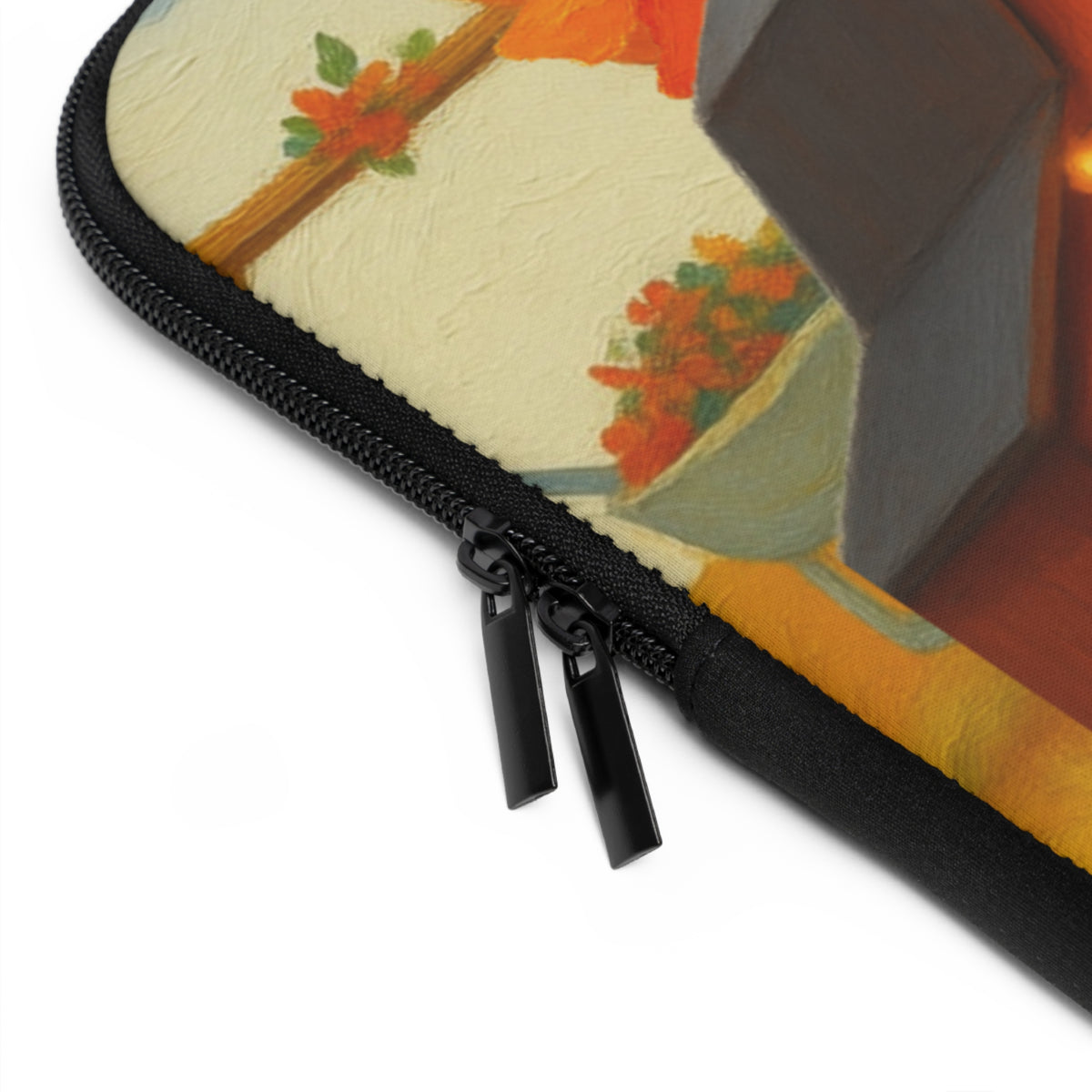 Close-up of a zippered sleeve with a black zipper and dual black zipper pulls, showing part of a colorful printed design with cream, orange, red, green, and gray tones on a white background.