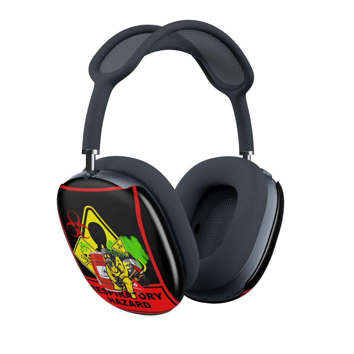 Black over-ear headphones with a colorful 'Respiratory Hazard' warning label graphic on the outer cup, shown against a plain white background.